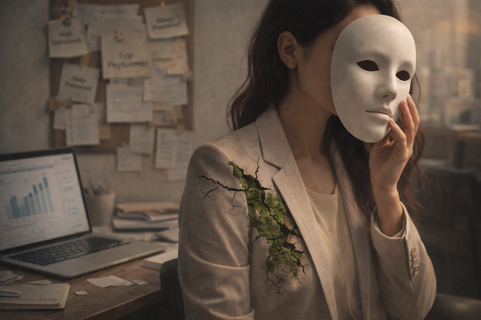 Woman holding a mask in a professional setting symbolizing competence used as emotional camouflage