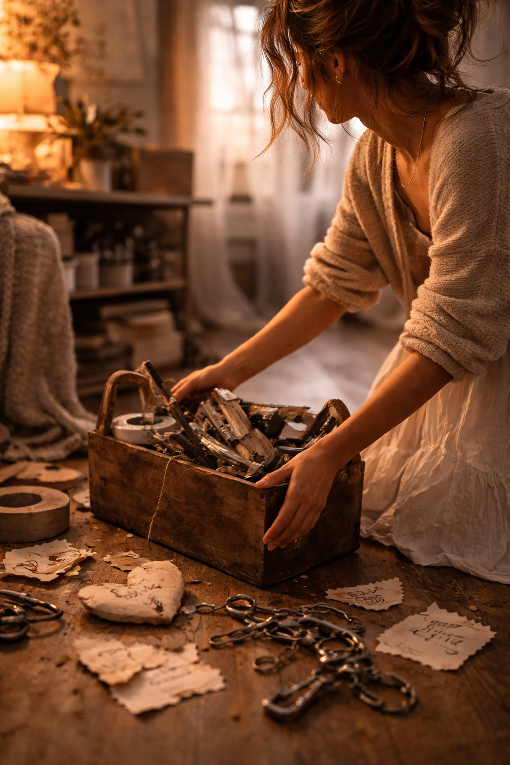 Woman setting down a box of tools symbolizing letting go of the responsibility to fix everyone