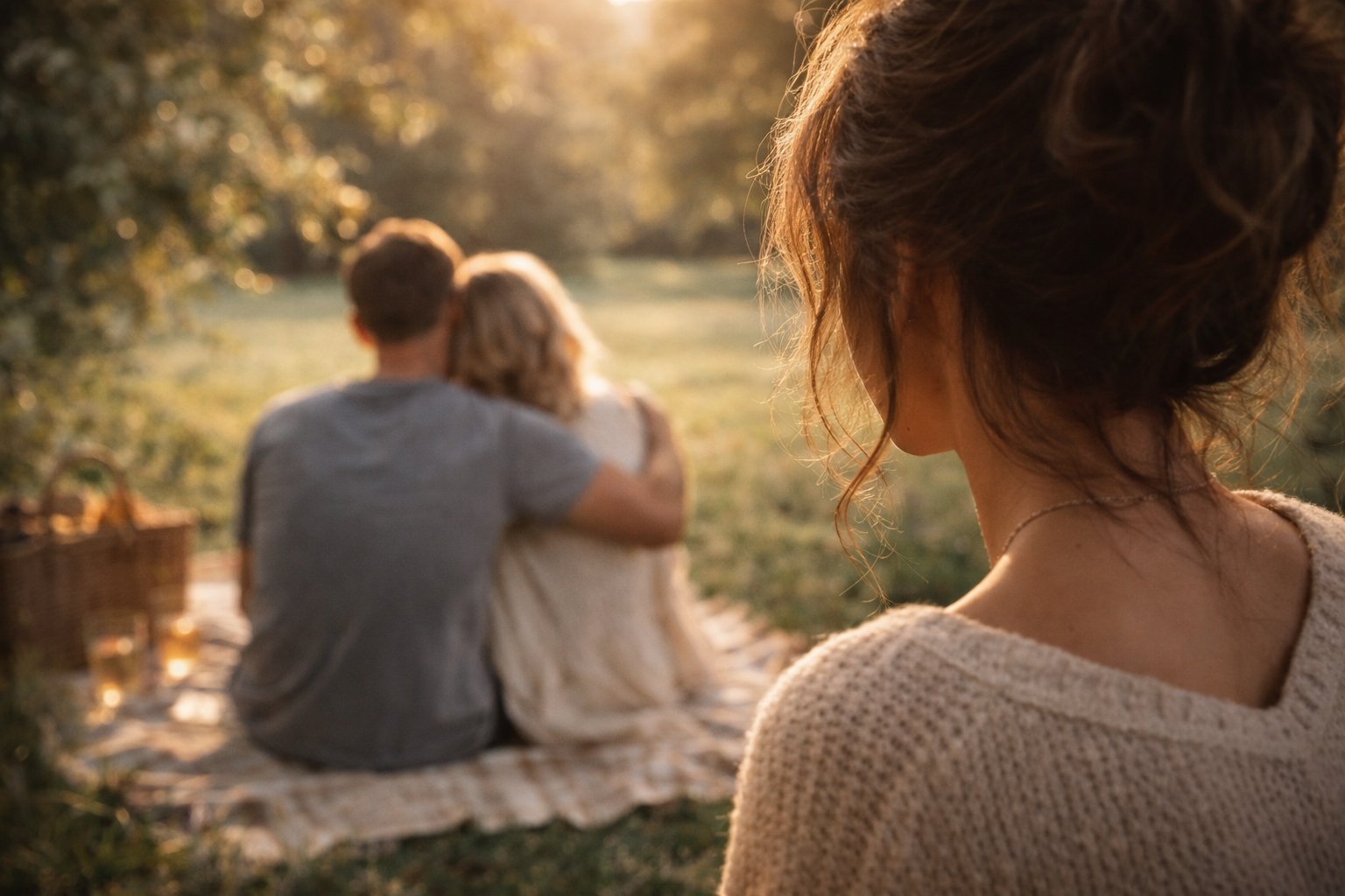 Woman watching a peaceful couple together in a sunlit park, symbolizing observing healthy love from the outside