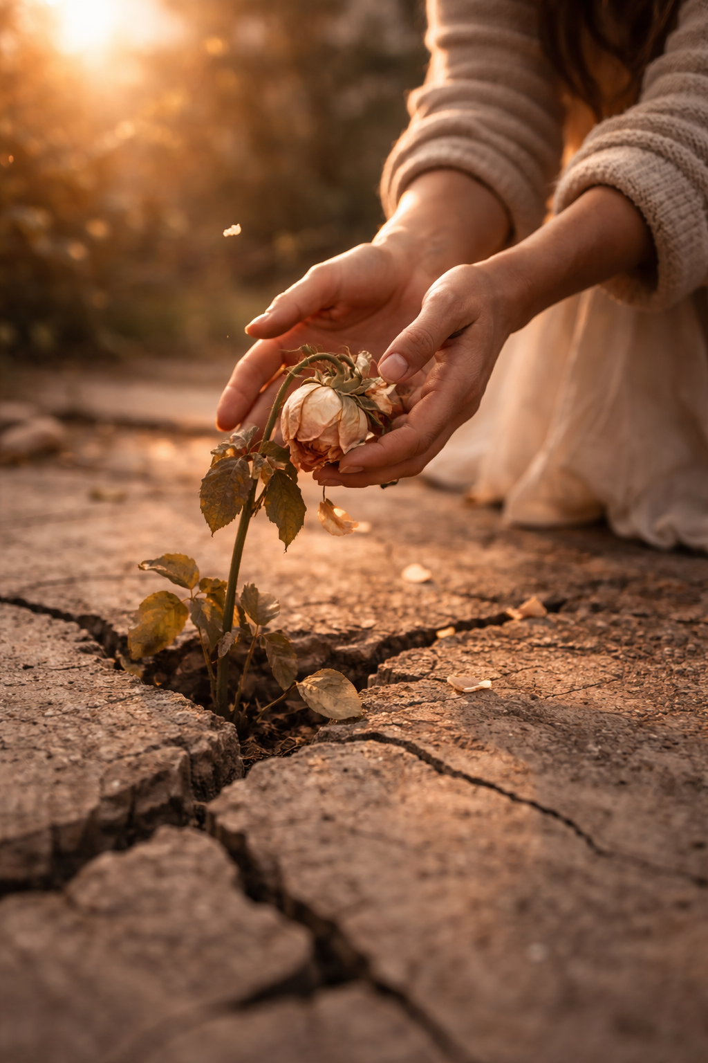 Hands releasing a wilted rose growing through cracked earth symbolizing letting go of something that was never meant to flourish