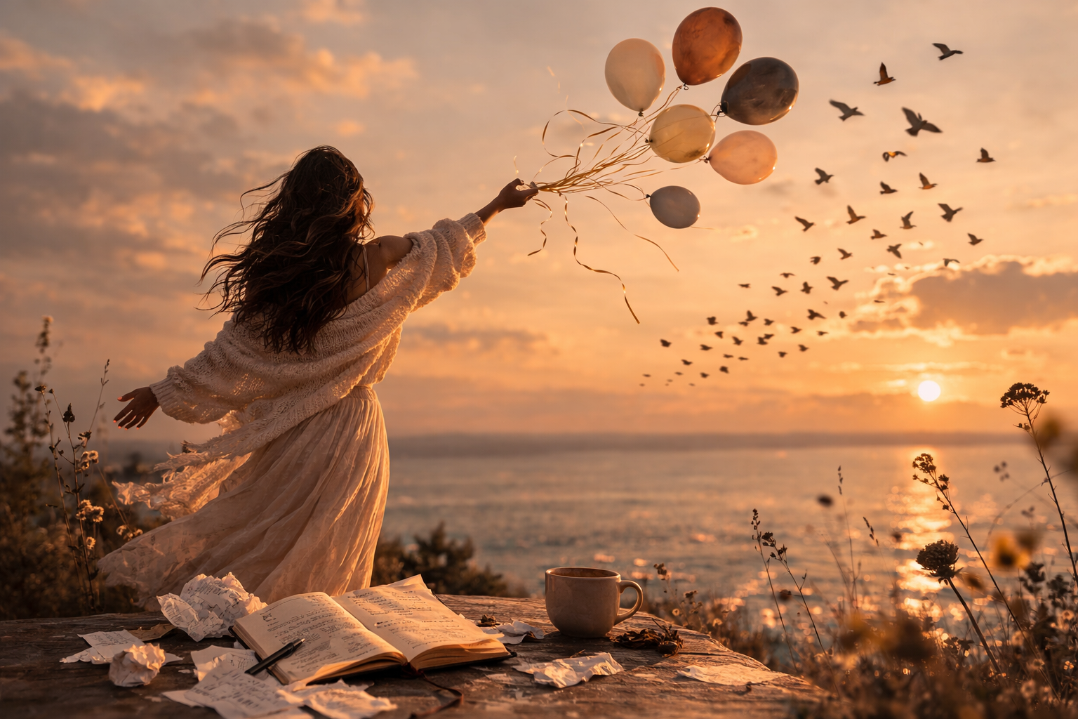 Woman releasing balloons into a golden sunset symbolizing letting go and reclaiming personal freedom